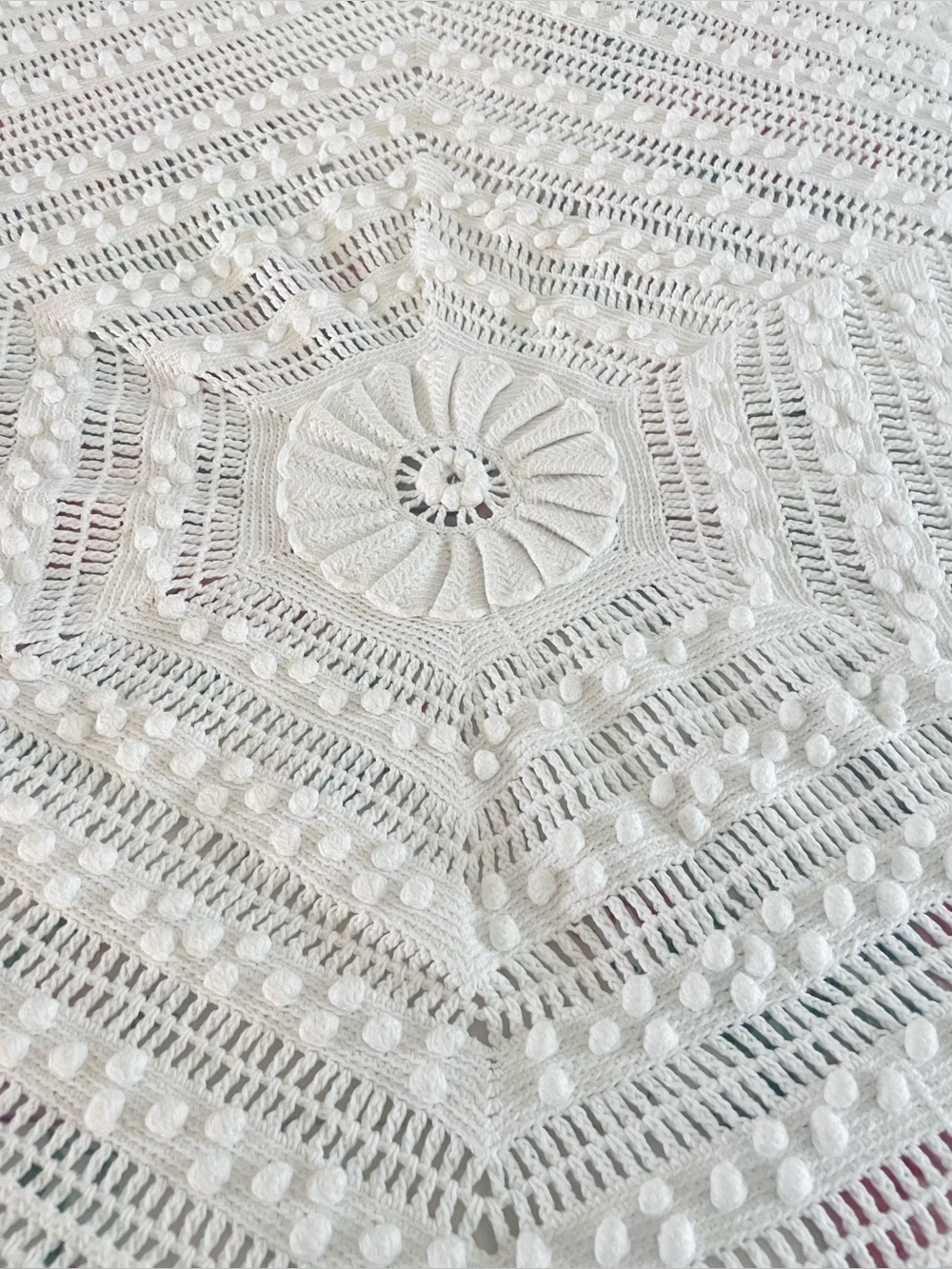 Vintage Afghan Crochet Popcorn Raised Floral White Cotton Handmade 52x104